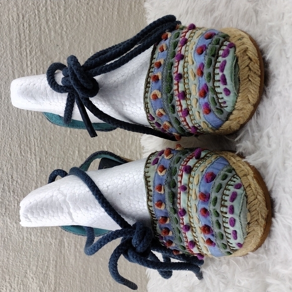 Apepazza Blue Fabric Upper Closed Toe Lace Up Gladiator Wedged Heel Espadrilles - Picture 3 of 16